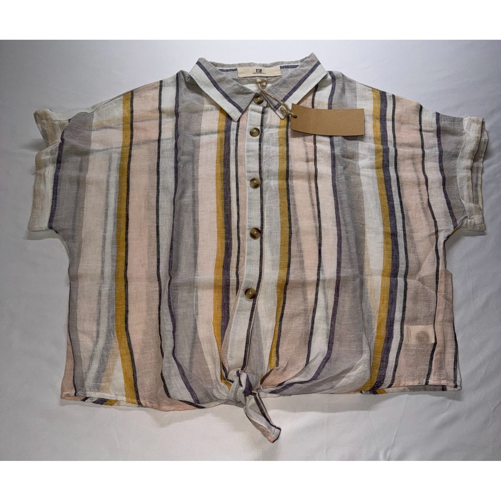 Thread & Supply Shirt Womens Large Mustard Ivory Striped Tie Hem Linen